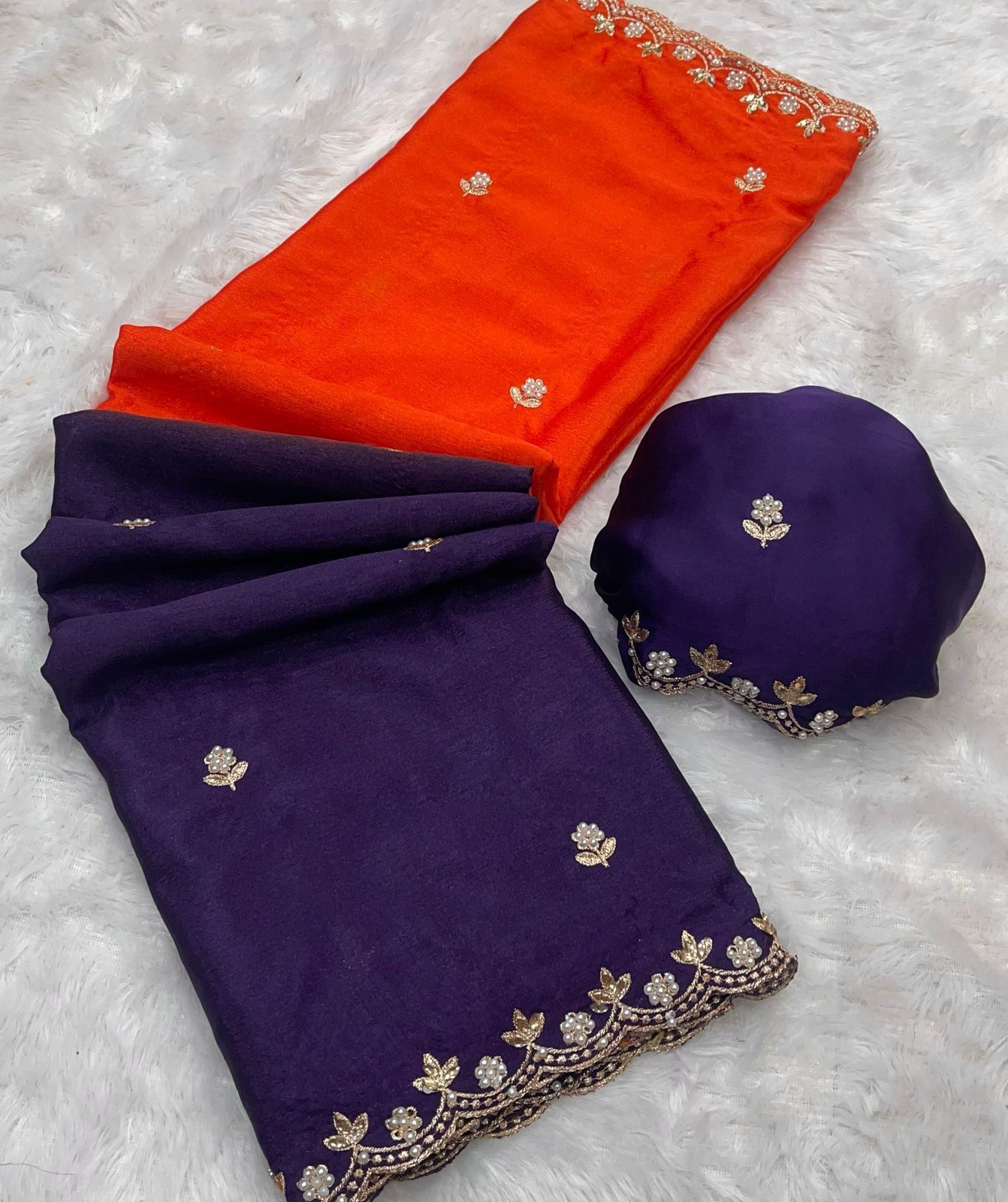 Double Shade Chinnon Saree with Embroidery & Moti Work Designer Border
