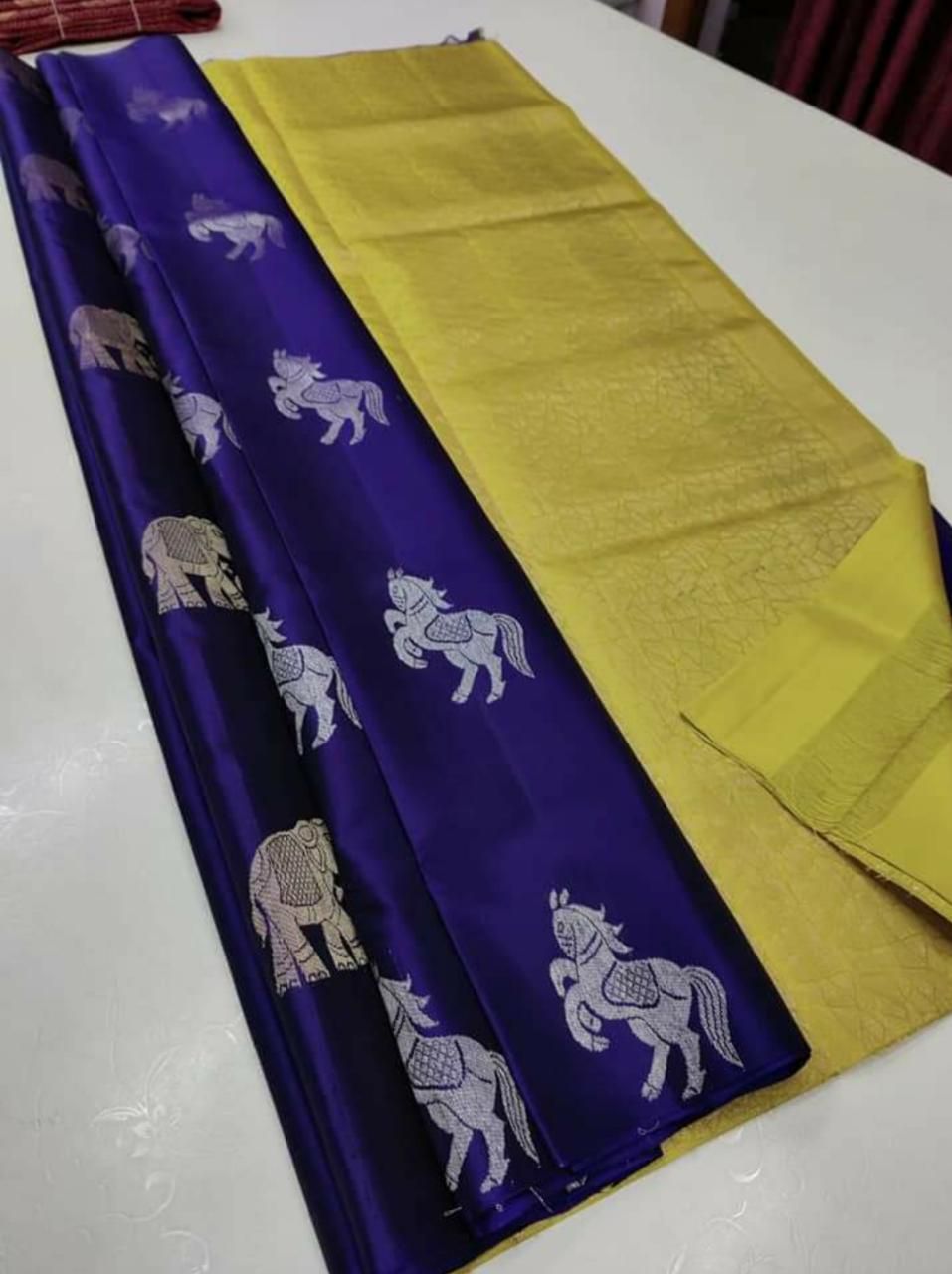 Royal Blue & Yellow Elephant Motif Jacquard Silk Saree