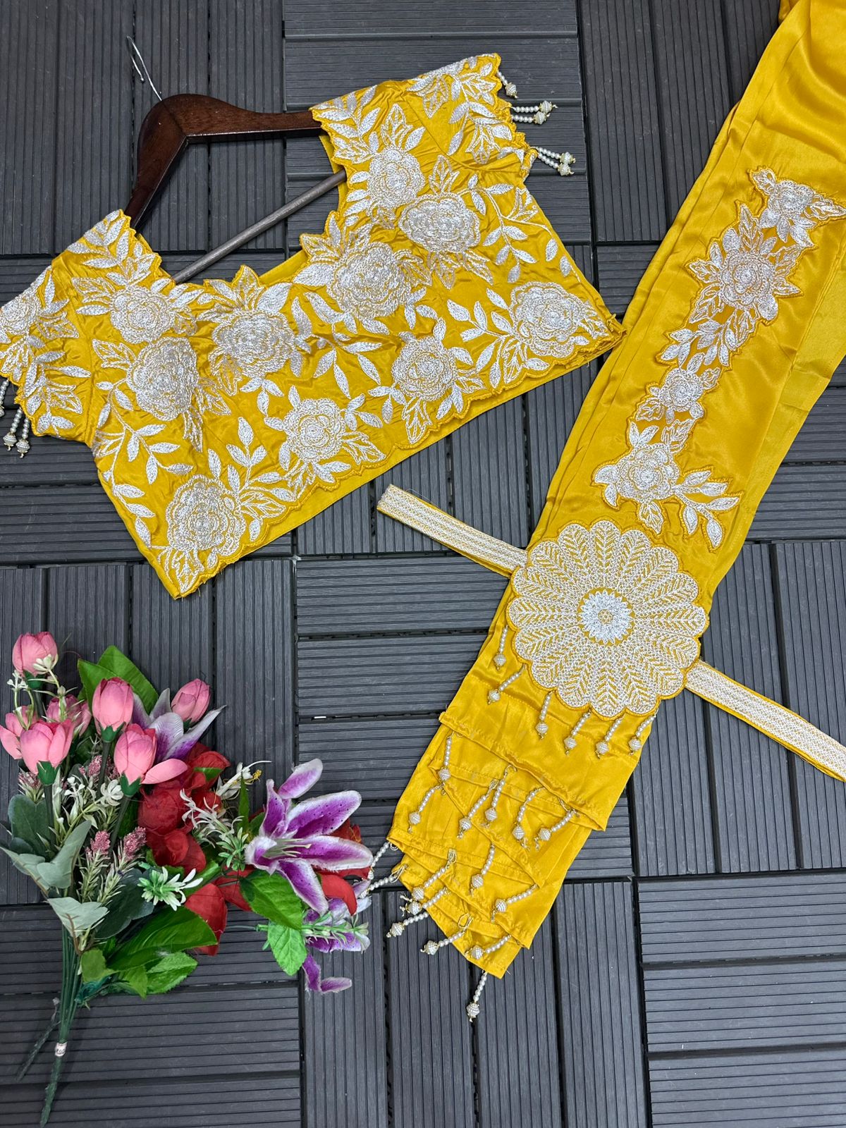 Yellow Royal Satin Embroidery Coding Work Lehenga Choli with Fancy Latkan Dupatta