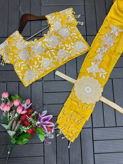 Yellow Royal Satin Embroidery Coding Work Lehenga Choli with Fancy Latkan Dupatta