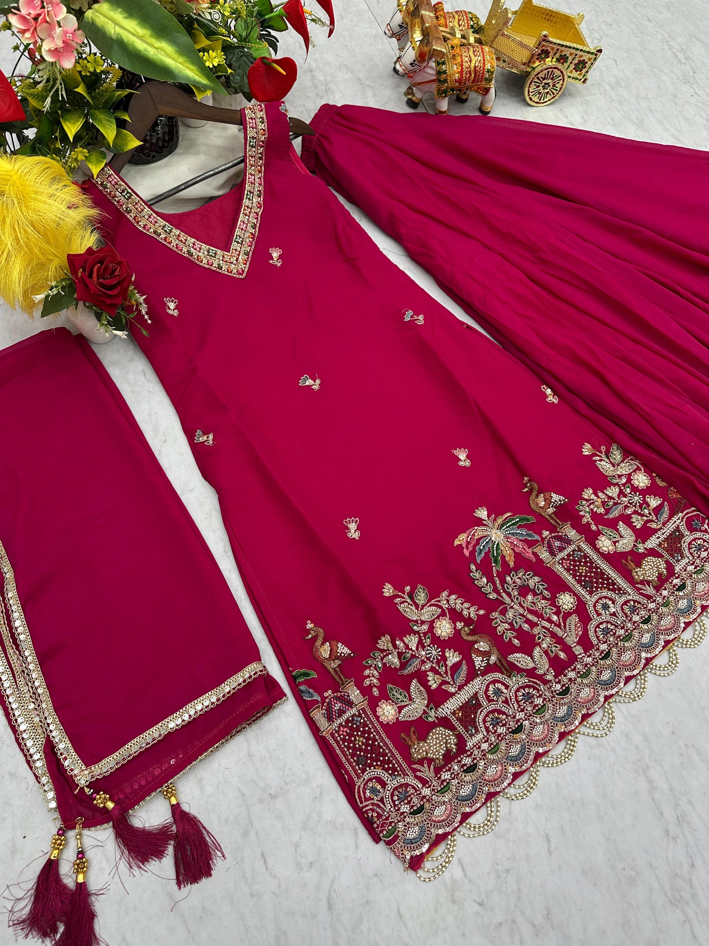 Haldi Special Designer Kurti Plazzo Dupatta Set with Moti & Embroidery Work