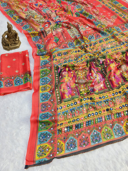 Heavy Masakali Georgette Digital Print Saree with 3000+ Mirror Work