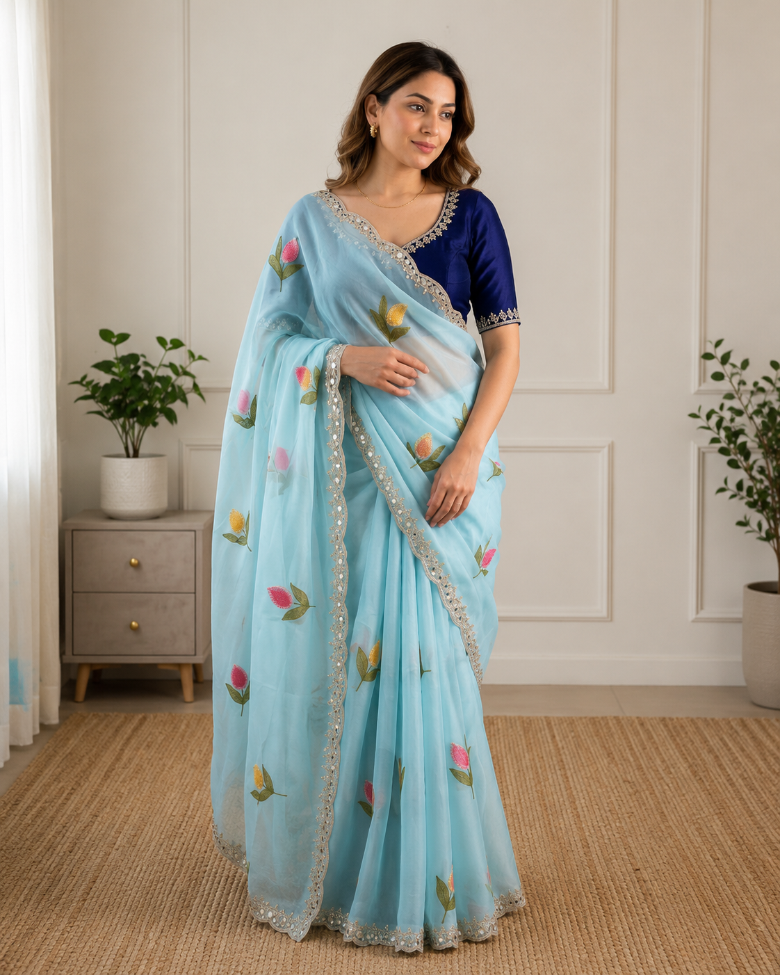 Soft Rangoli Silk Saree With Floral Embroidery & Real Mirror Work Border
