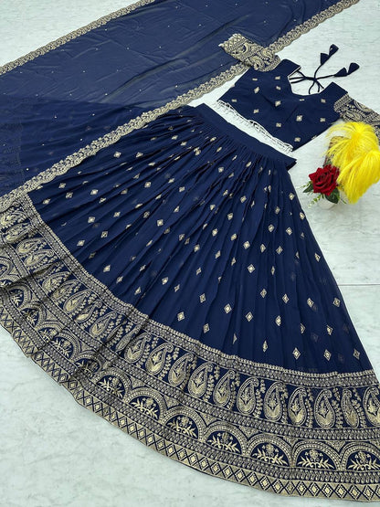 Navy Blue Fox Georgette Embroidered Festival Wear Lehenga Choli Set
