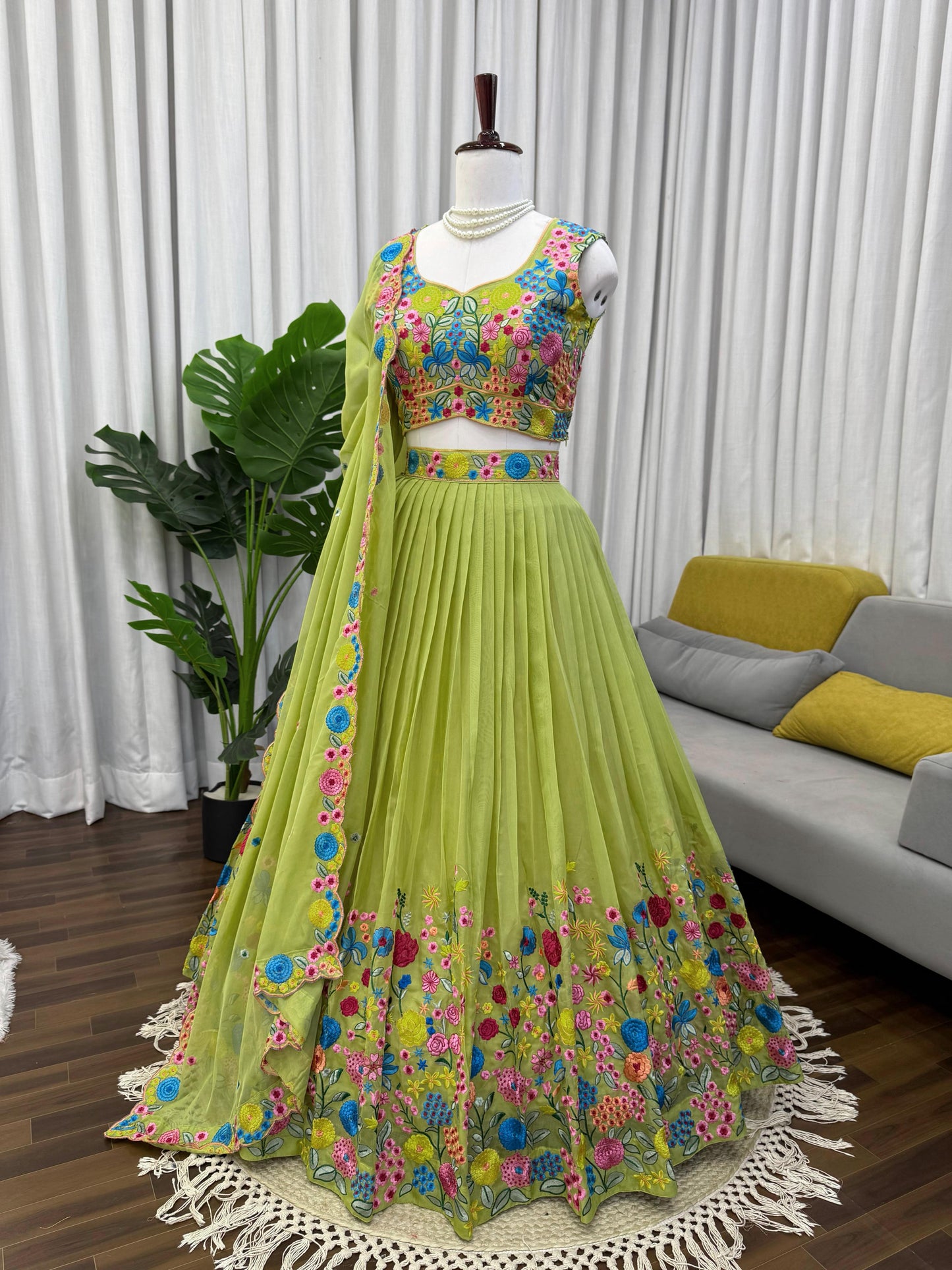 Parrot Green Floral Embroidered Organza Silk Lehenga Choli with Dupatta