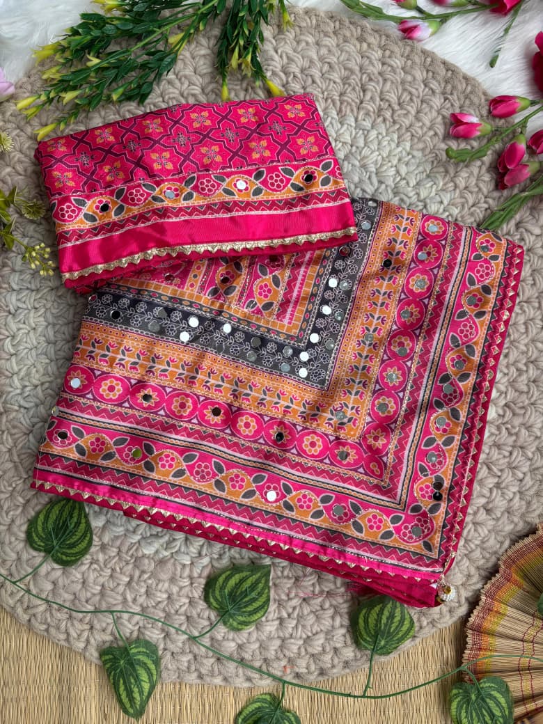 Karigari Soft Chinon Silk Digital Print Saree with Hand Aari Work & 2000+ Real Mirror Work