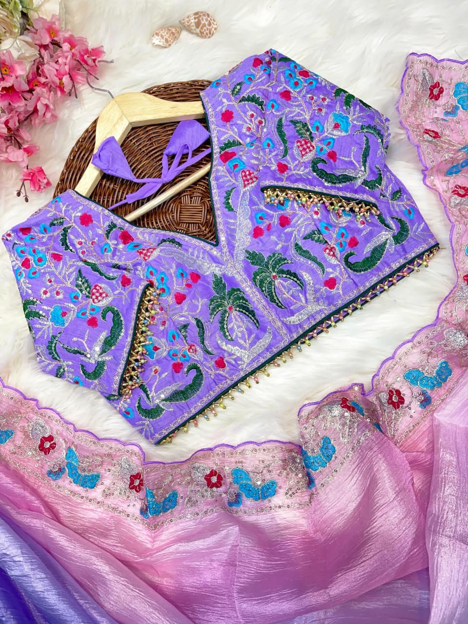 Candy Crush Embroidery Border Saree with Stitched Blouse