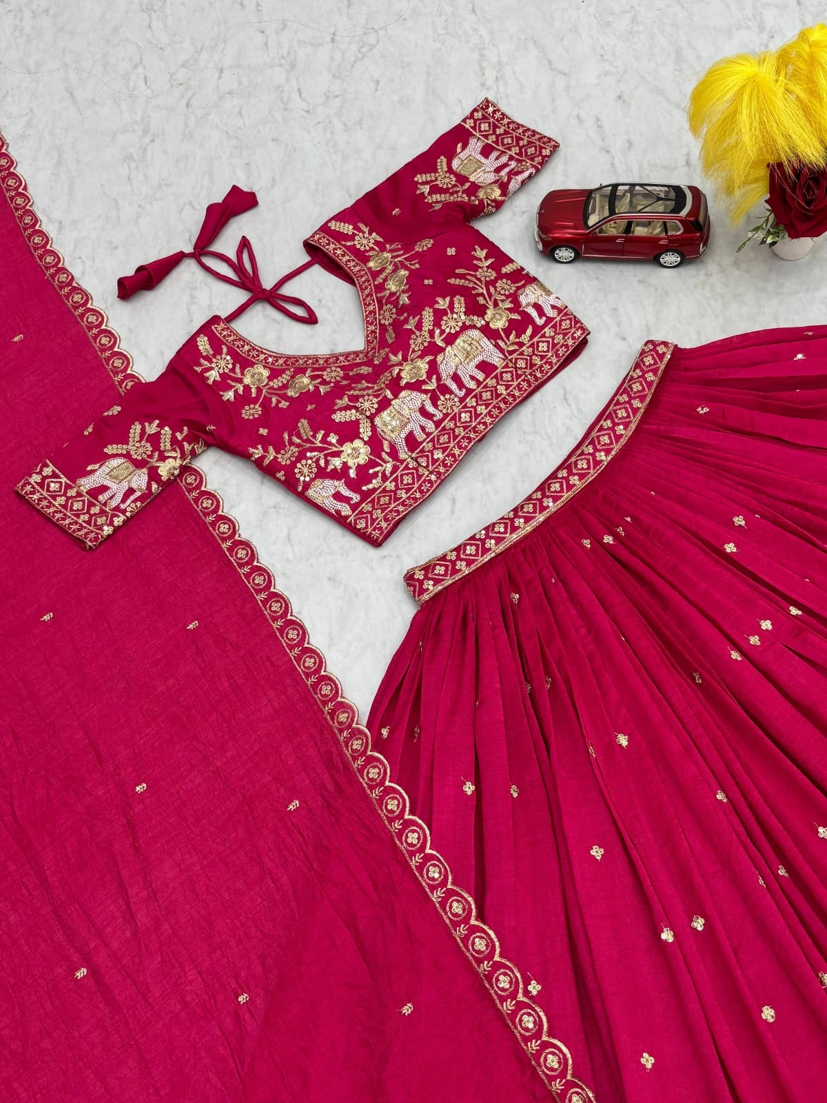 Festival Special Vichitra Silk Embroidered Lehenga Choli with Dupatta – Royal Blue & Rani Pink