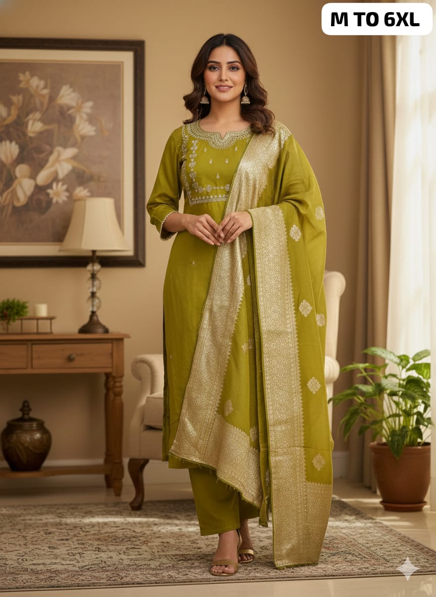 Premium Roman Silk Embroidered Kurti Pant Dupatta Set (M–6XL)