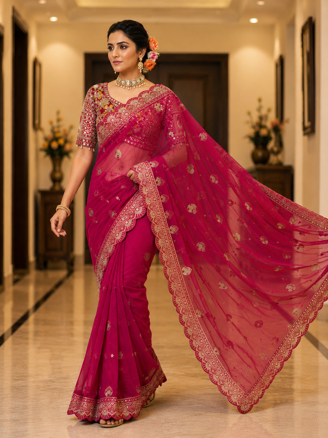 Soft Butterfly Net Saree with Sequins & Multi Thread Embroidery | Full Stitch Blouse