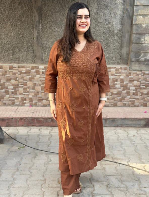 Cotton Chikankari Angrakha Kurti Set