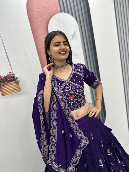 Festival Wear Heavy Embroidery Vichitra Silk Lehenga Choli Set | Red & Purple