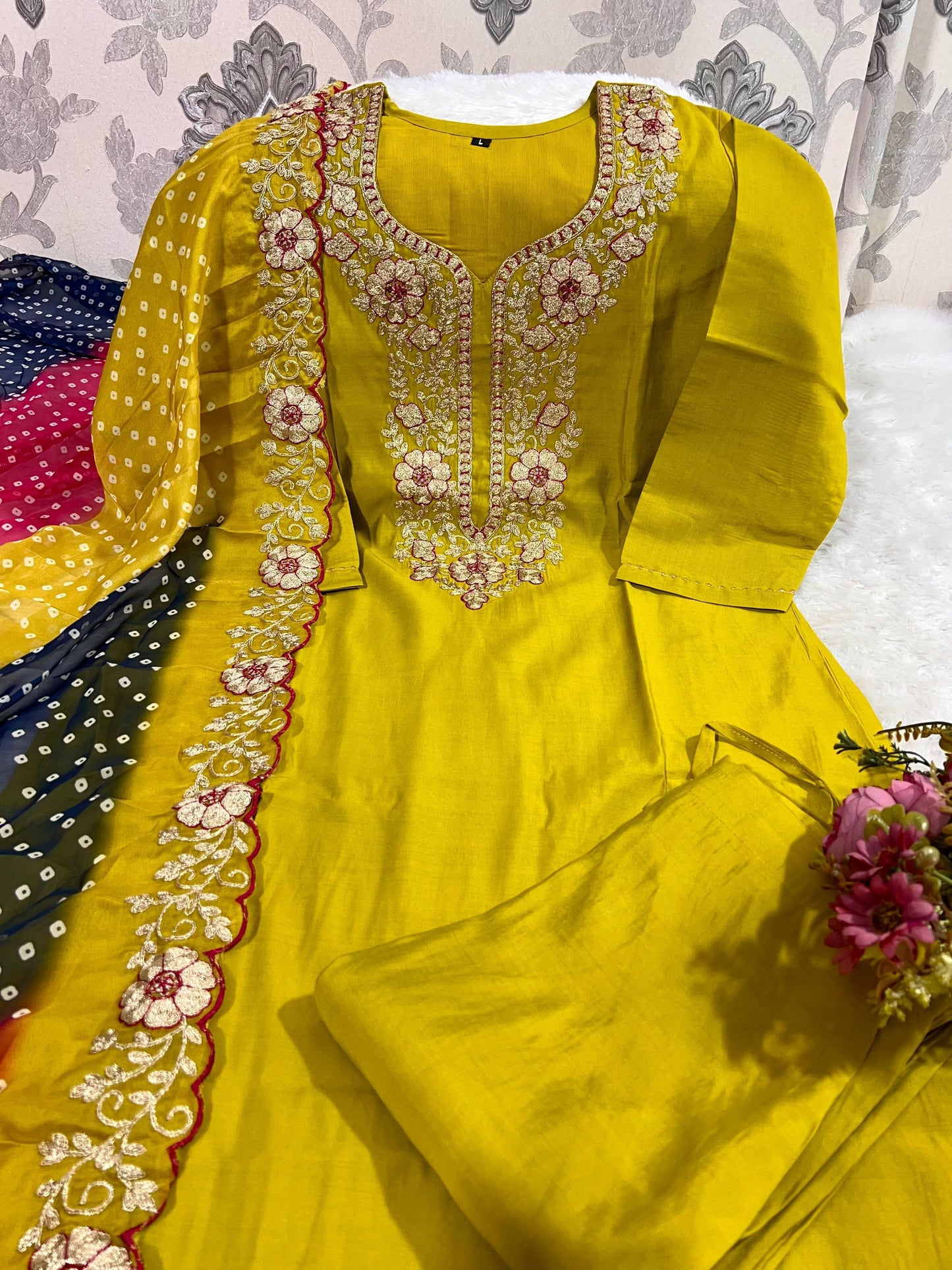 Designer Roman Silk Kurti Pant Set with Gota Patti Embroidery & Lehariya Dupatta