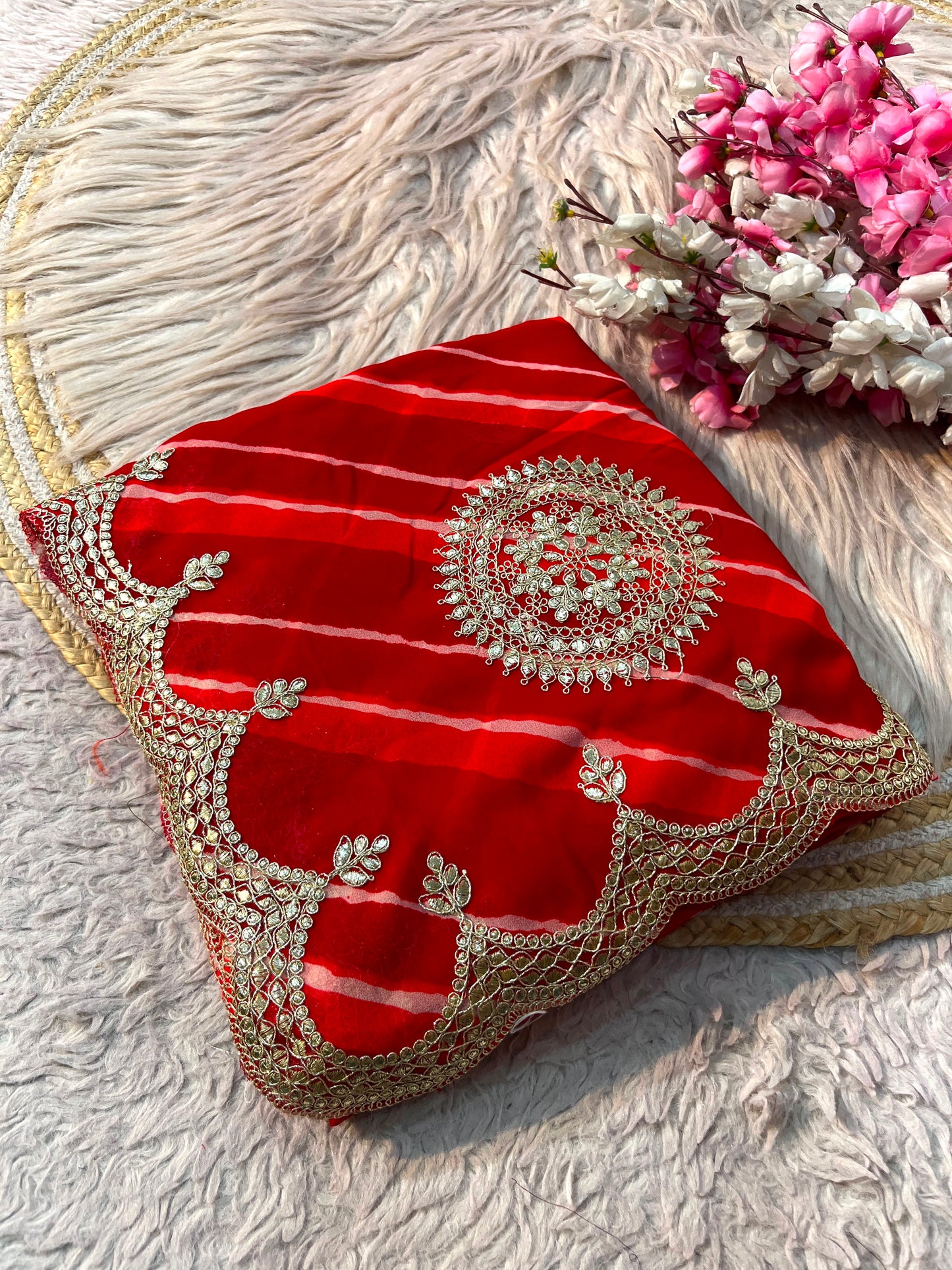 Traditional Leheriya Georgette Saree with Heavy Foil Gota Work & Cutwork Border