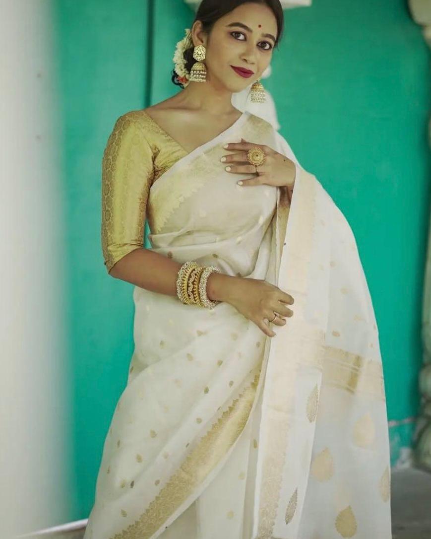 Off White Zari Work Saree