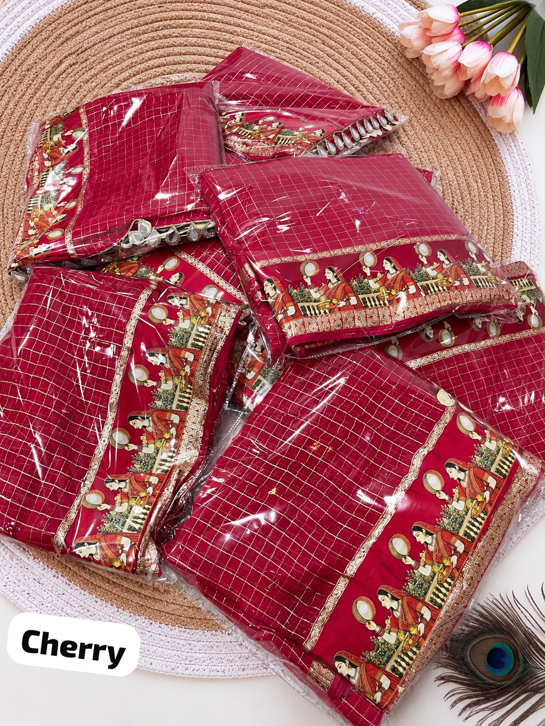 Karwa Chauth Special Viscose Checks Saree with Zari & Mirror Work Satin Border