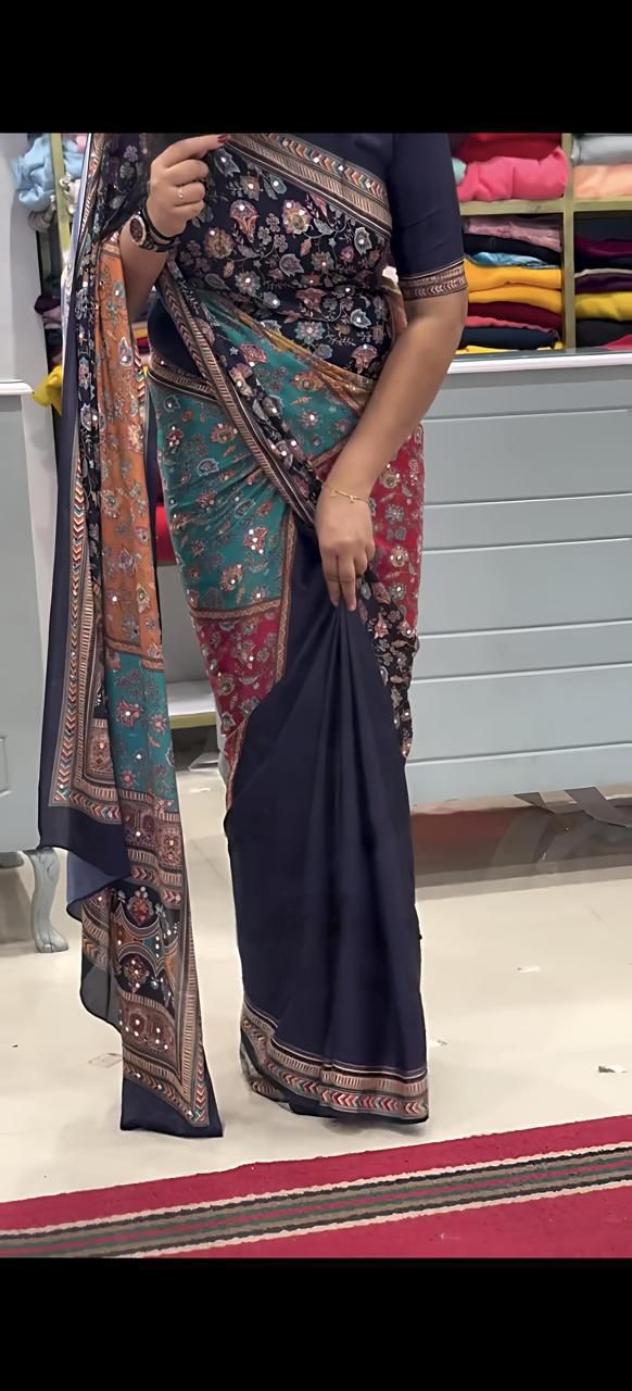 Yellow Mirror Chinon Saree with Digital Print & Mirror Work