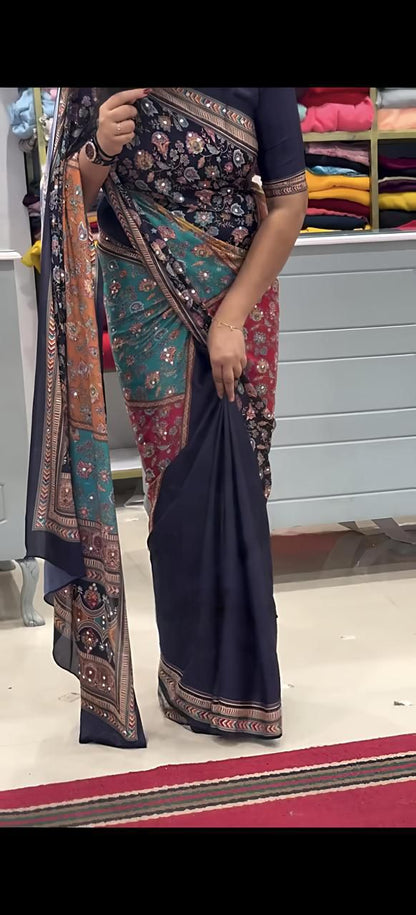 Yellow Mirror Chinon Saree with Digital Print & Mirror Work