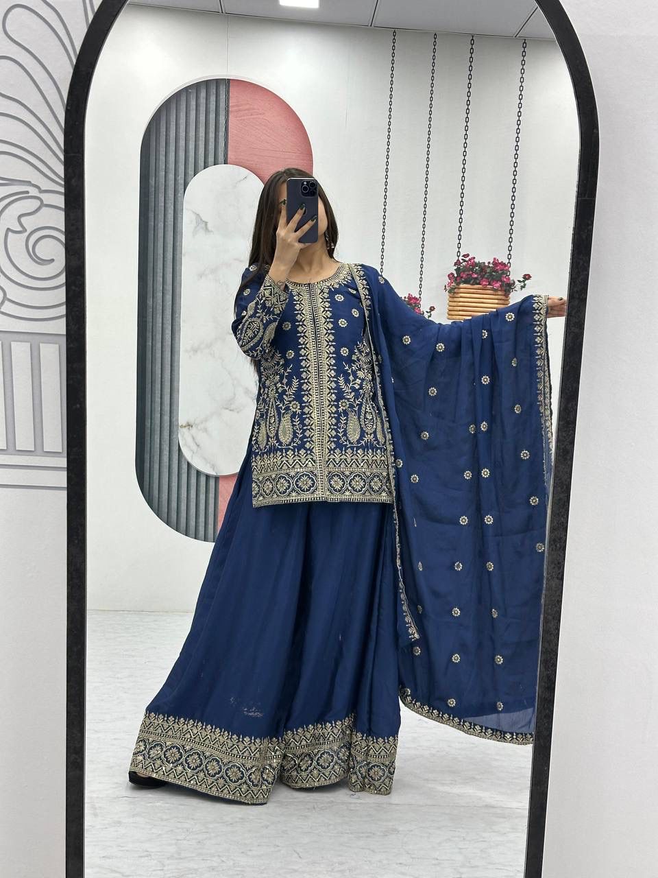 Designer Chinon Party Wear Top Plazzo Set