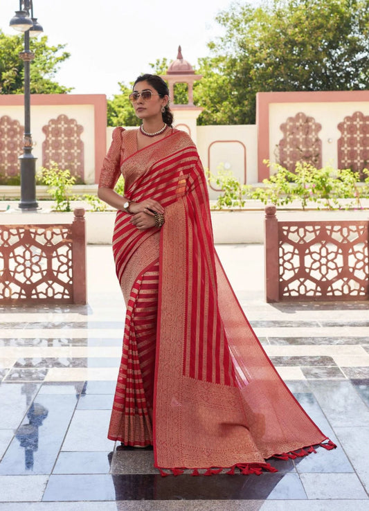 Red Striped Zari Work Saree