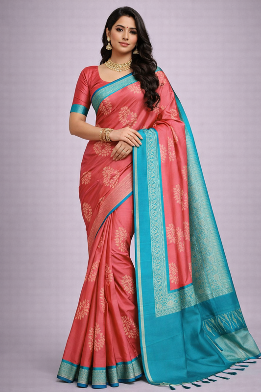 Pink Blue Jacquard Saree