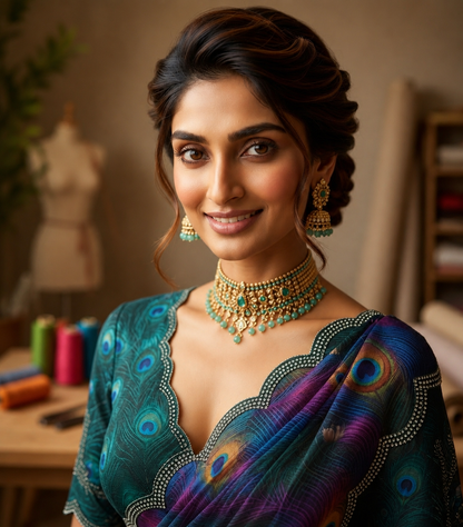 Soft Georgette Mosaic Digital Print Saree with Swarovski Scalloped Border