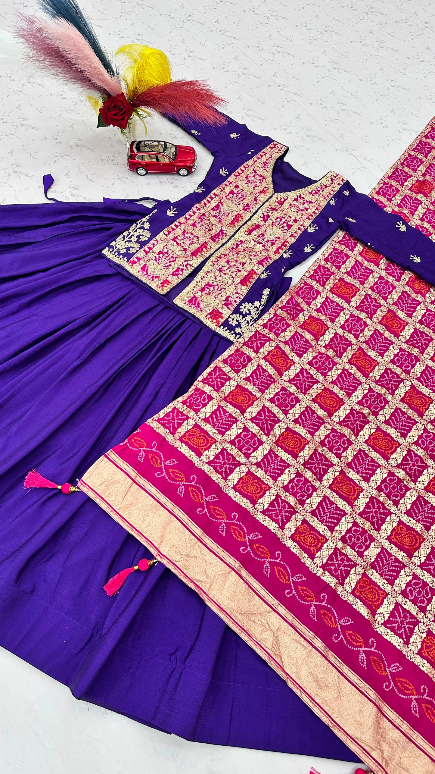 Festival Badhni Chinon Silk Lehenga Choli with Heavy Embroidery & Jacquard Dupatta