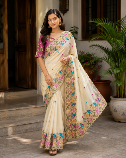 Rangoli Silk Saree with Heavy Floral Work Border & Contrast Designer Blouse
