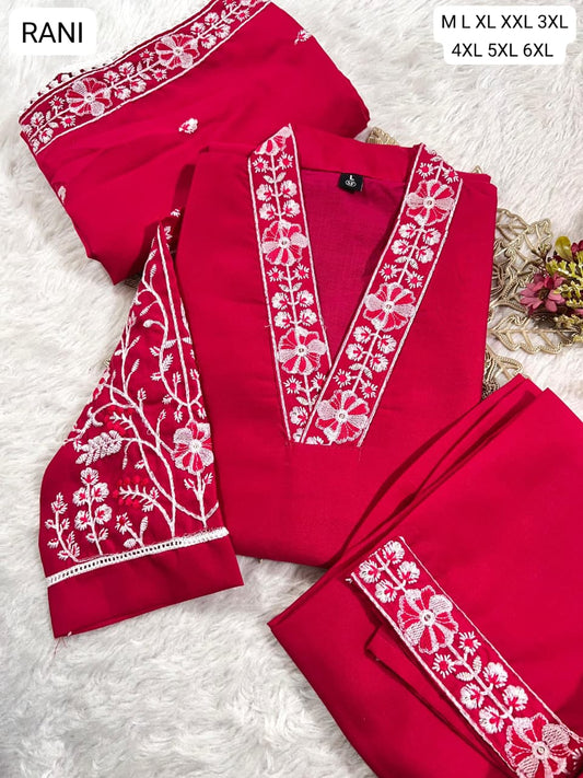 Premium Roman Silk Embroidered Kurti Pant Dupatta Set | Elegant Party Wear Kurti Set