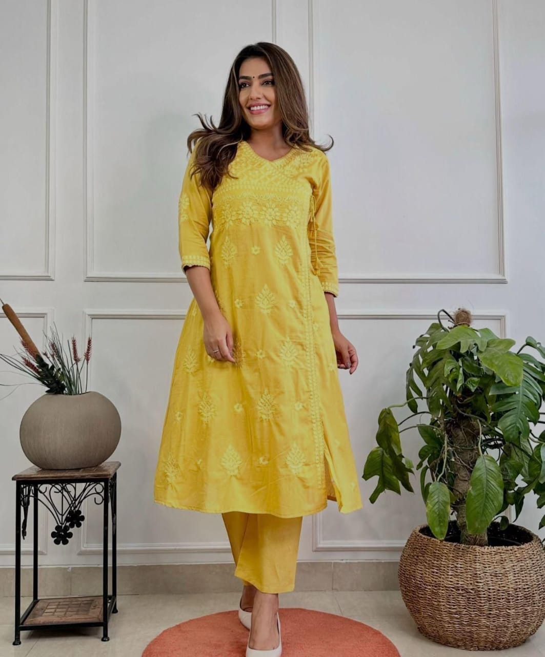 Cotton Chikankari Angrakha Kurti Set