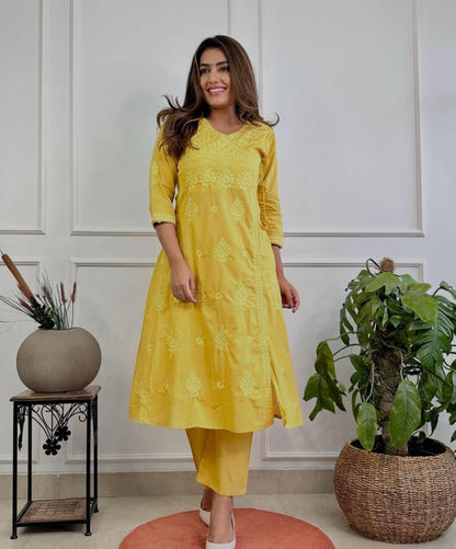 Cotton Chikankari Angrakha Kurti Set