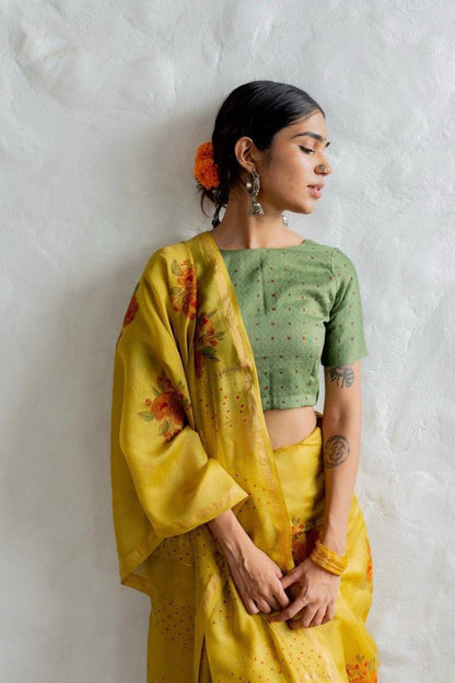 Pure Linen Chanderi Saree with Kalamkari Print & Zari Border