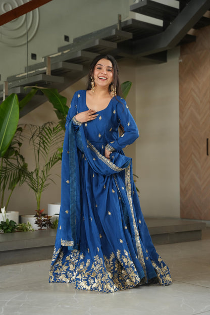 Premium Designer Embroidered Chinnon Gown with Dupatta – Royal Blue & Wine