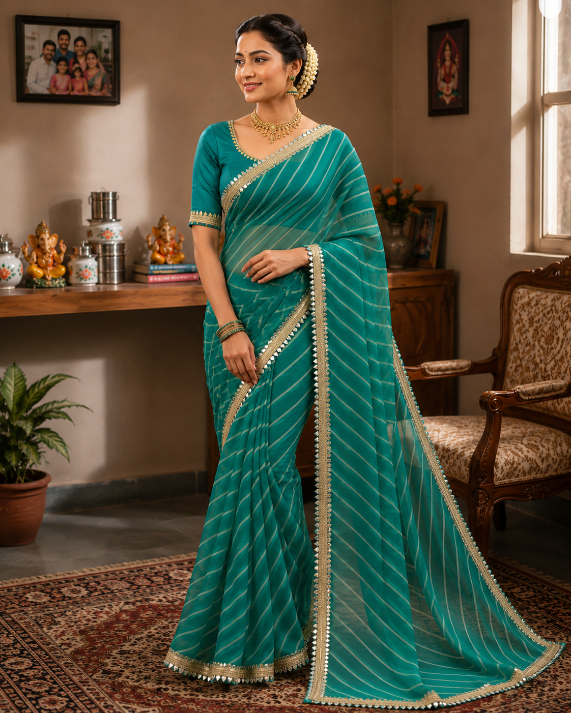 Georgette Leheriya Saree with Mirror Lace Border & Unstitched Blouse | Designer Party Wear Saree