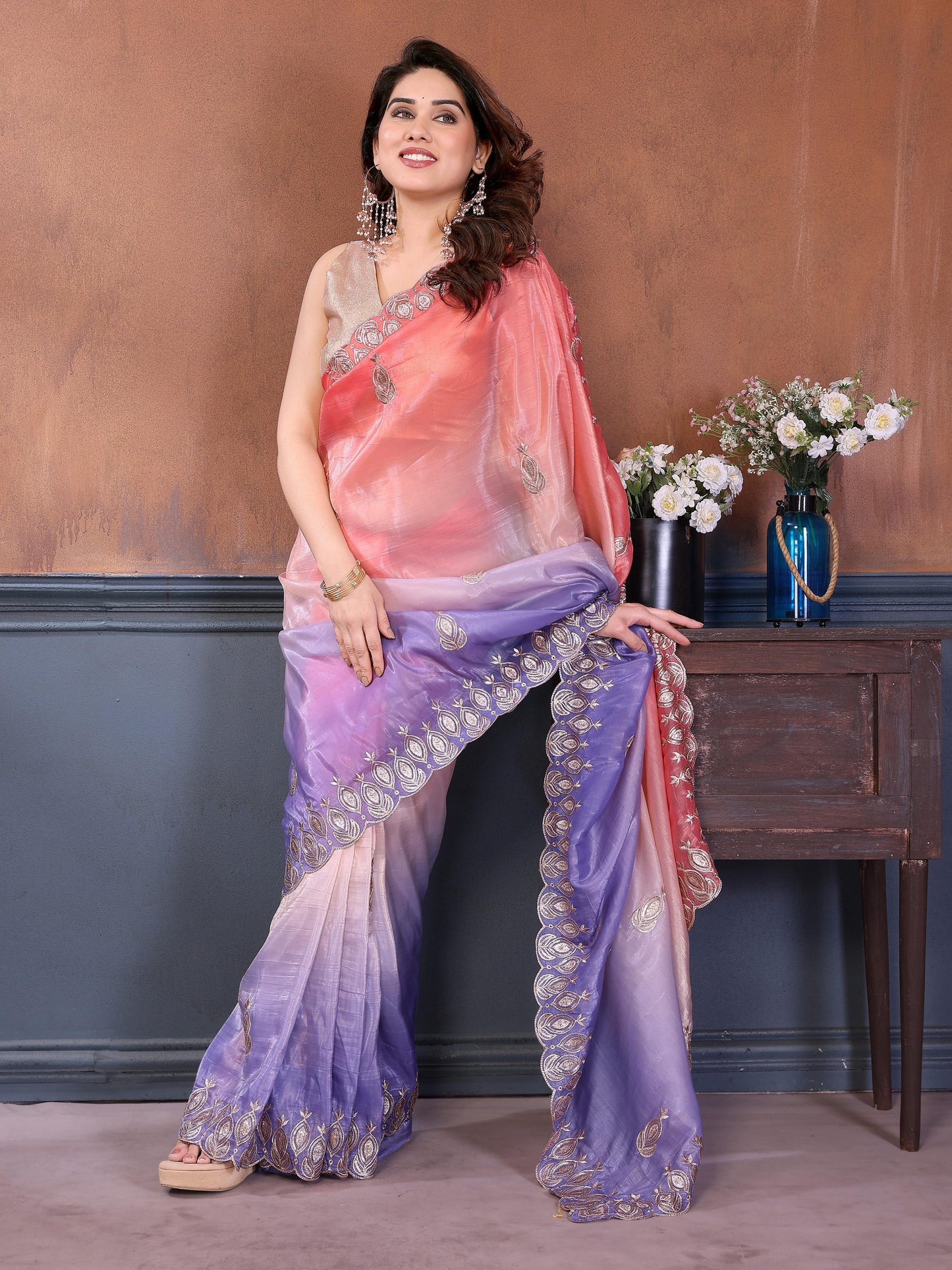 Gold Crush Silk Embroidery Work Saree with Gota Patti Blouse | Multi Tone Party Wear Saree