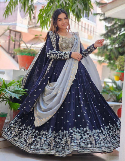 Navy Blue Embroidered Wedding Lehenga Choli with Dupatta