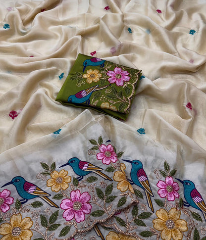 Rangoli Silk Saree with Heavy Floral Work Border & Contrast Designer Blouse