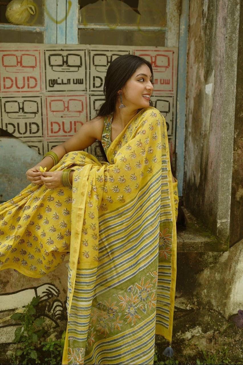 Pure Linen Chanderi Saree with Kalamkari Print & Zari Border