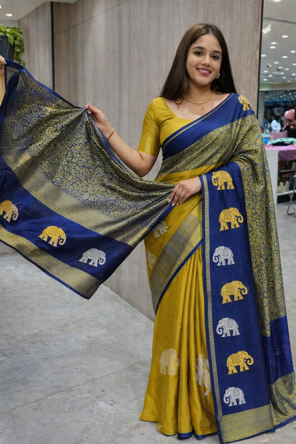 Mustard Blue Elephant Saree