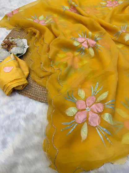 Pure Bari Chiffon Saree with Handwork & Floral Hand Print