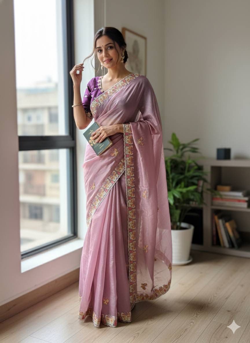 Radha Butterfly Motif Embroidered Crushed Organza Saree