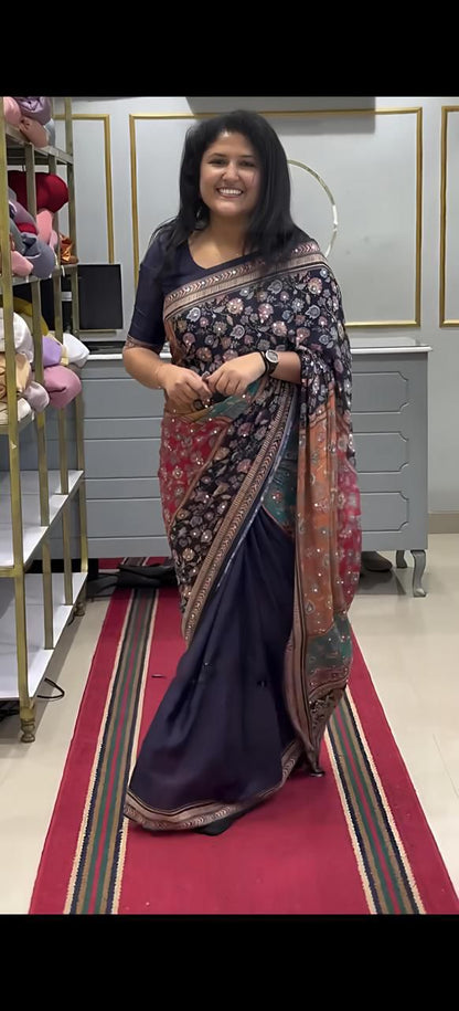 Yellow Mirror Chinon Saree with Digital Print & Mirror Work