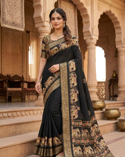 Royal Elephant Border Pure Marsh Mellow Silk Saree With Aari Mirror Work