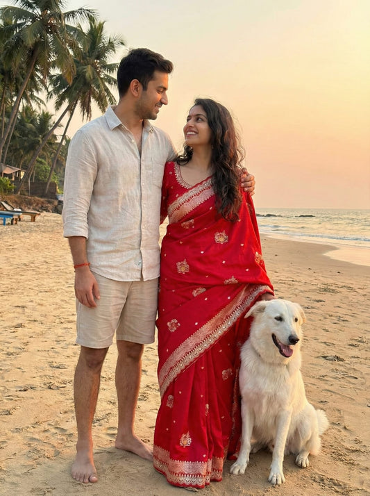 Gulmohar Dola Silk Saree with Zari Weaving & Cutdana Handwork Border