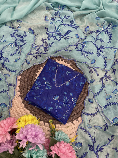 Radhika Teby Silk Saree with Digital Floral Print, Khatli & Cutdana Work