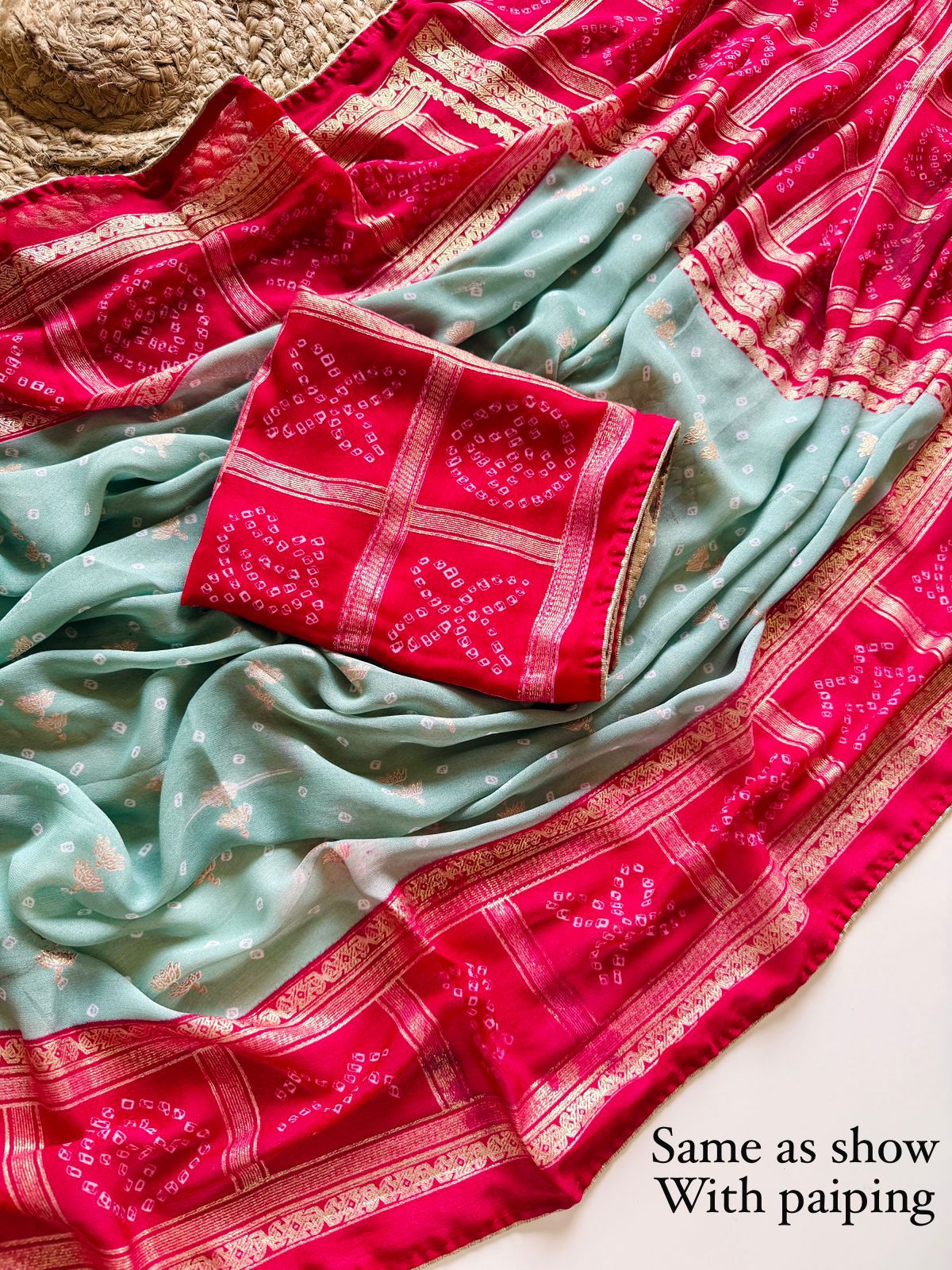 Dull Moss Foil Print Saree with Piping Border & Matching Blouse