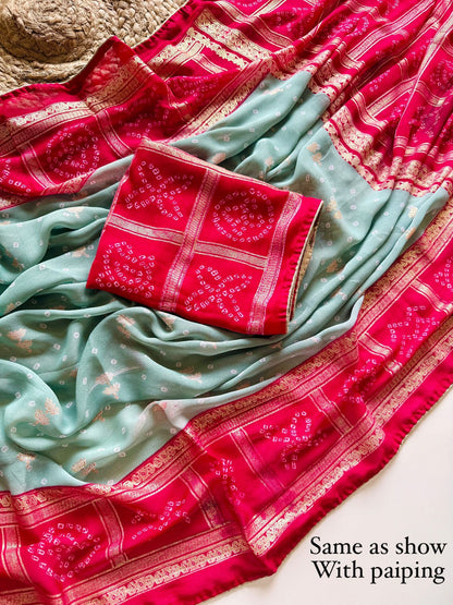 Dull Moss Foil Print Saree with Piping Border & Matching Blouse