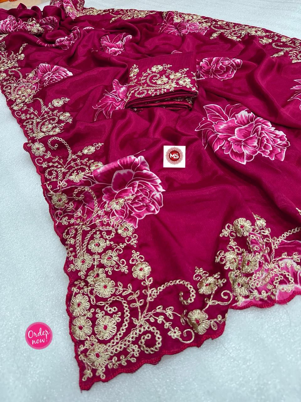Designer Floral Embroidered Silk Saree with Rich Zari Work