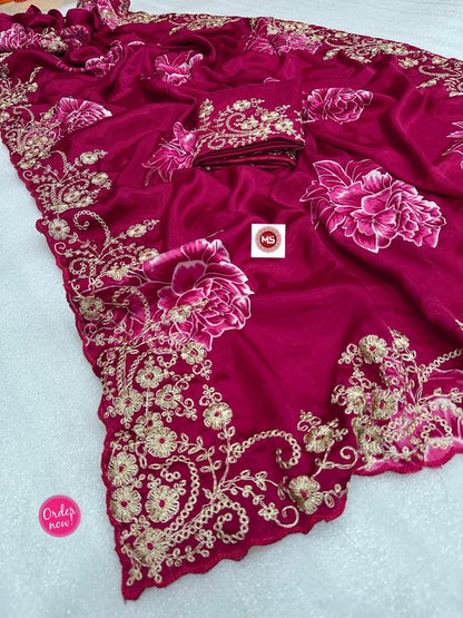 Designer Floral Embroidered Silk Saree with Rich Zari Work