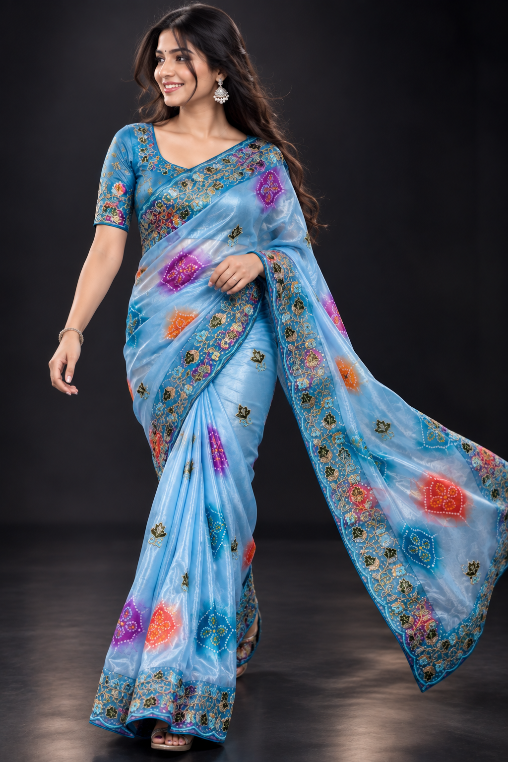 Soft Shine Space Silk Saree with Bandhej Print, C-Pallu Gotafoil Work & Butti